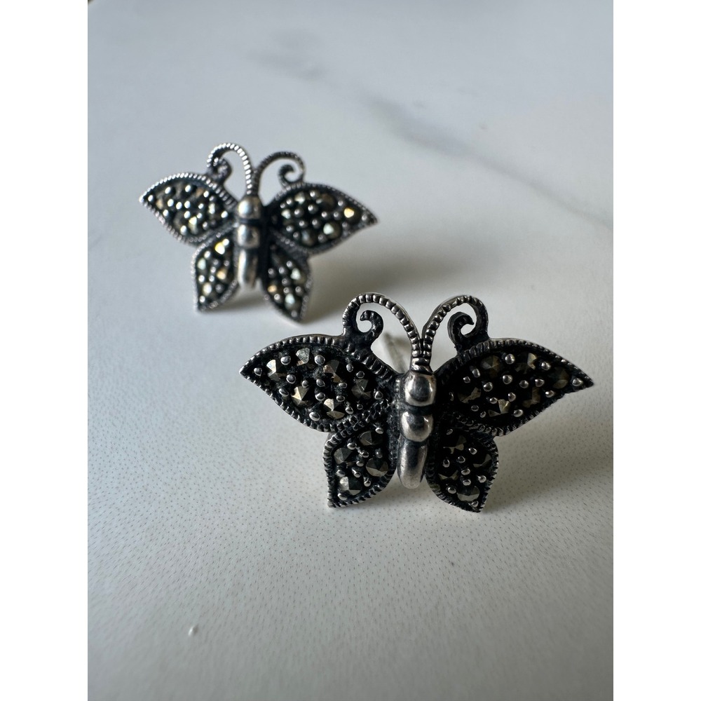 Vintage 925 Sterling Silver Marcasite Butterfly Stud Earrings Art Deco Style